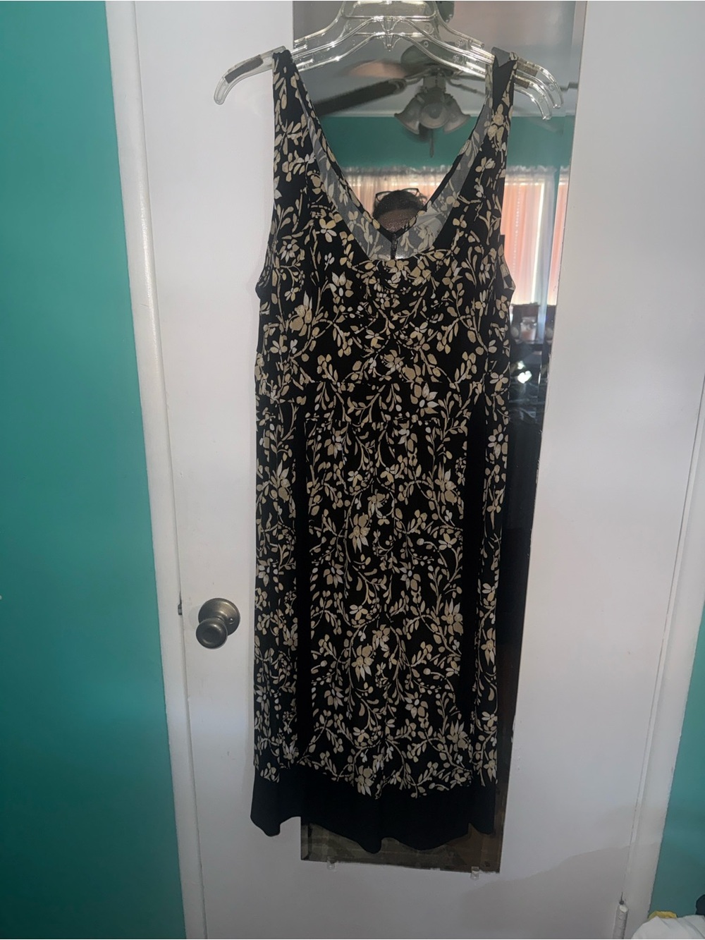 Merona Black Midi Dress with Cream Floral Vine Print